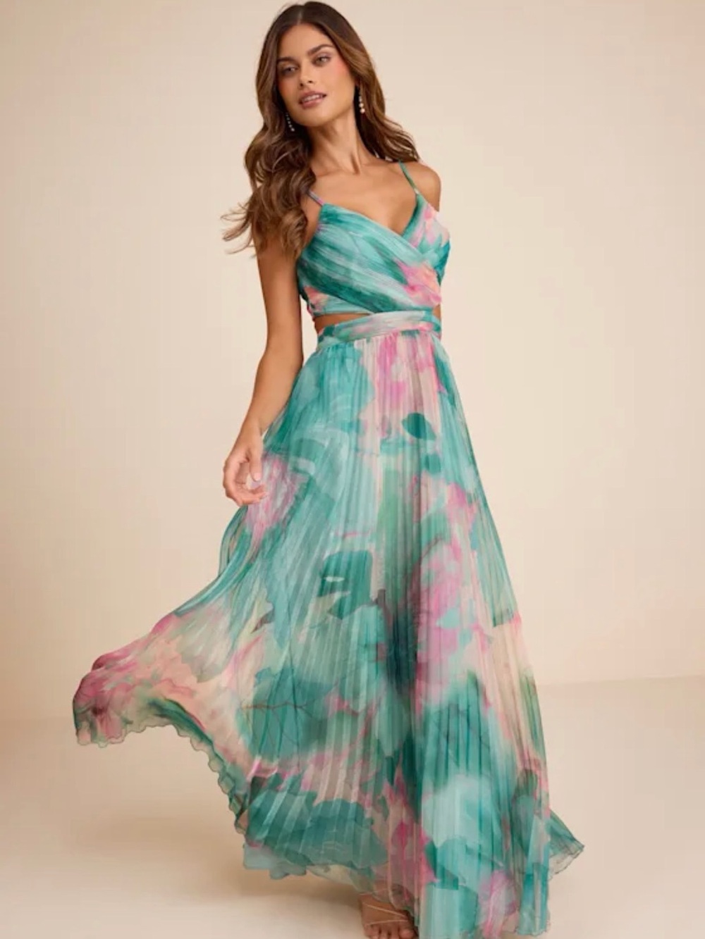 Teal & Pink Pleated Maxi Dress